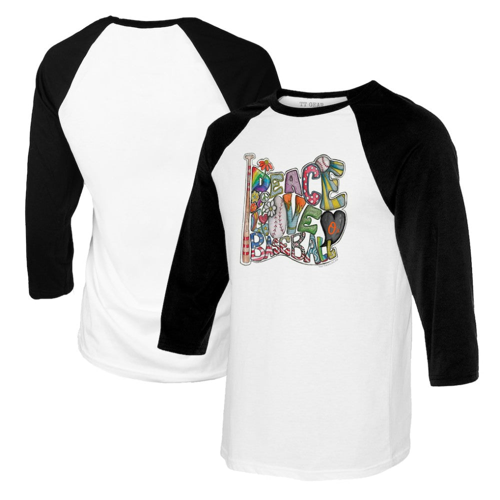 Baltimore Orioles Tiny Turnip Women's Peace Love Baseball 3/4-Sleeve Raglan T-Shirt - White/Black T-shirts