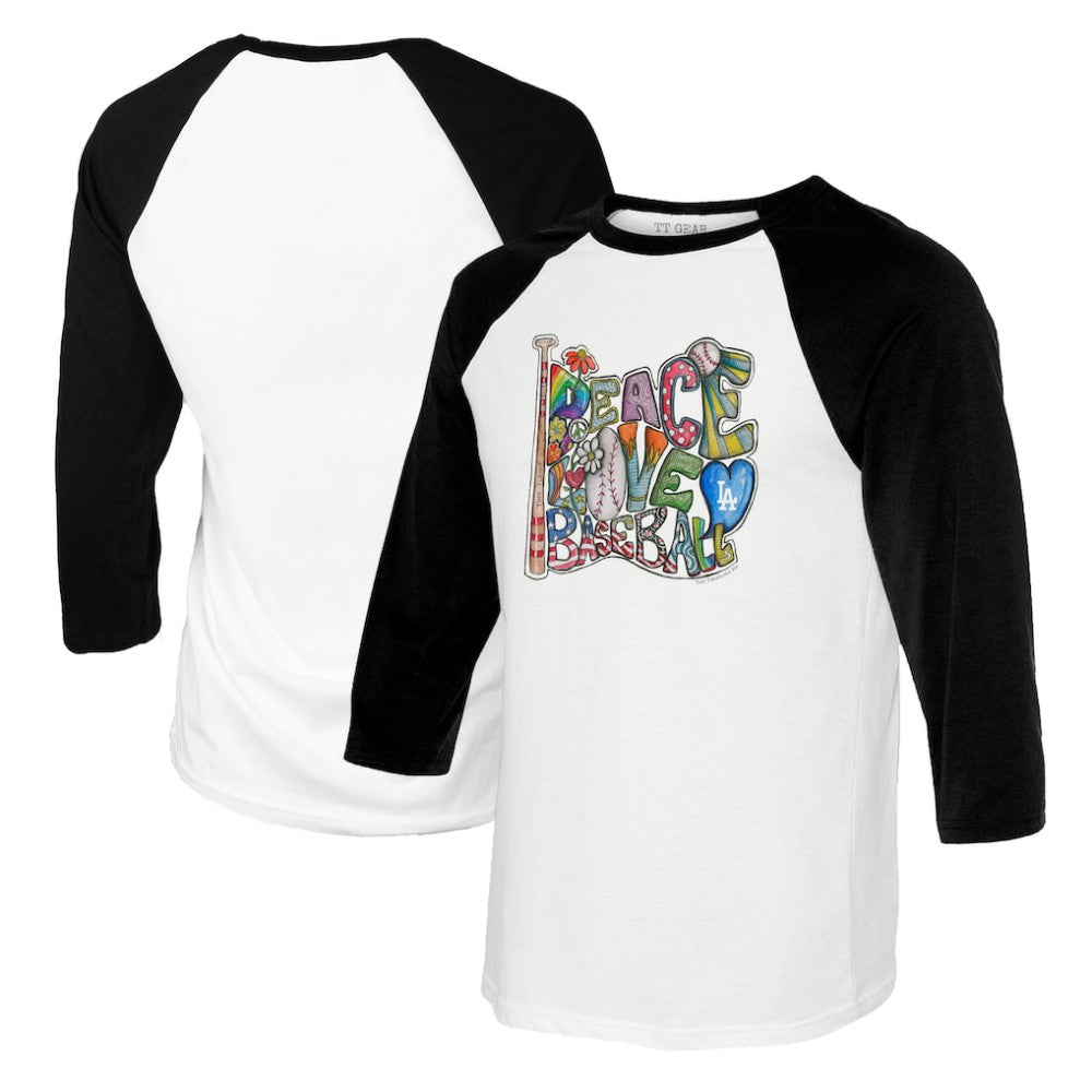 Los Angeles Dodgers Tiny Turnip Women's Peace Love Baseball 3/4-Sleeve Raglan T-Shirt - White/Black T-shirts