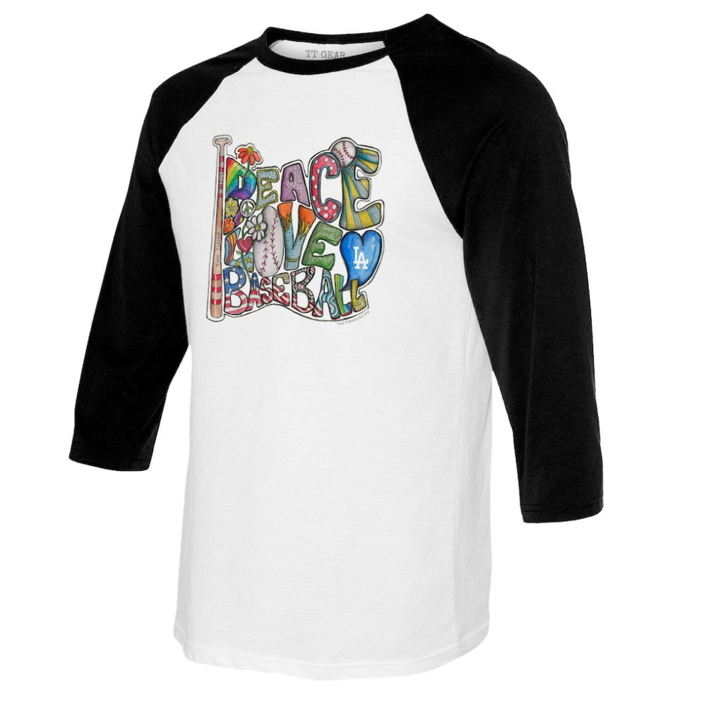 Los Angeles Dodgers Tiny Turnip Women's Peace Love Baseball 3/4-Sleeve Raglan T-Shirt - White/Black T-shirts