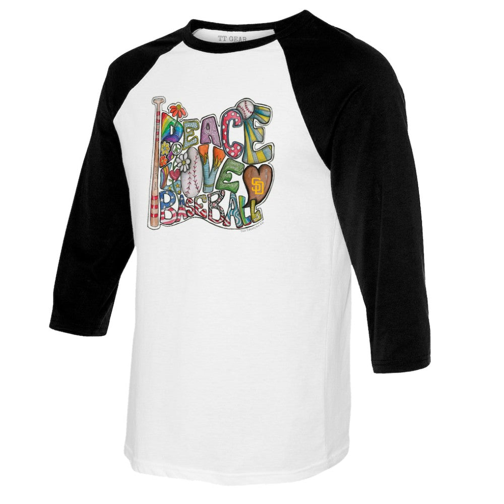 San Diego Padres Tiny Turnip Women's Peace Love Baseball 3/4-Sleeve Raglan T-Shirt - White/Black T-shirts
