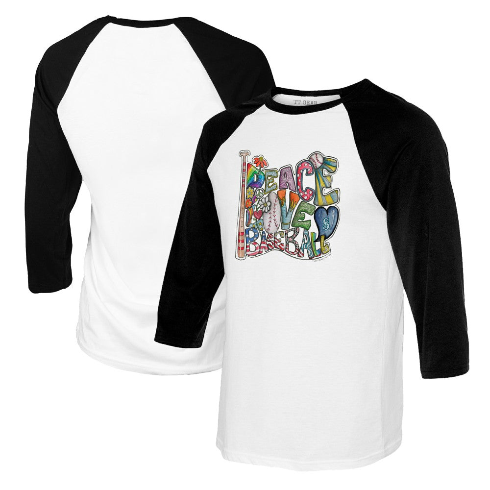 Seattle Mariners Tiny Turnip Women's Peace Love Baseball 3/4-Sleeve Raglan T-Shirt - White/Black T-shirts