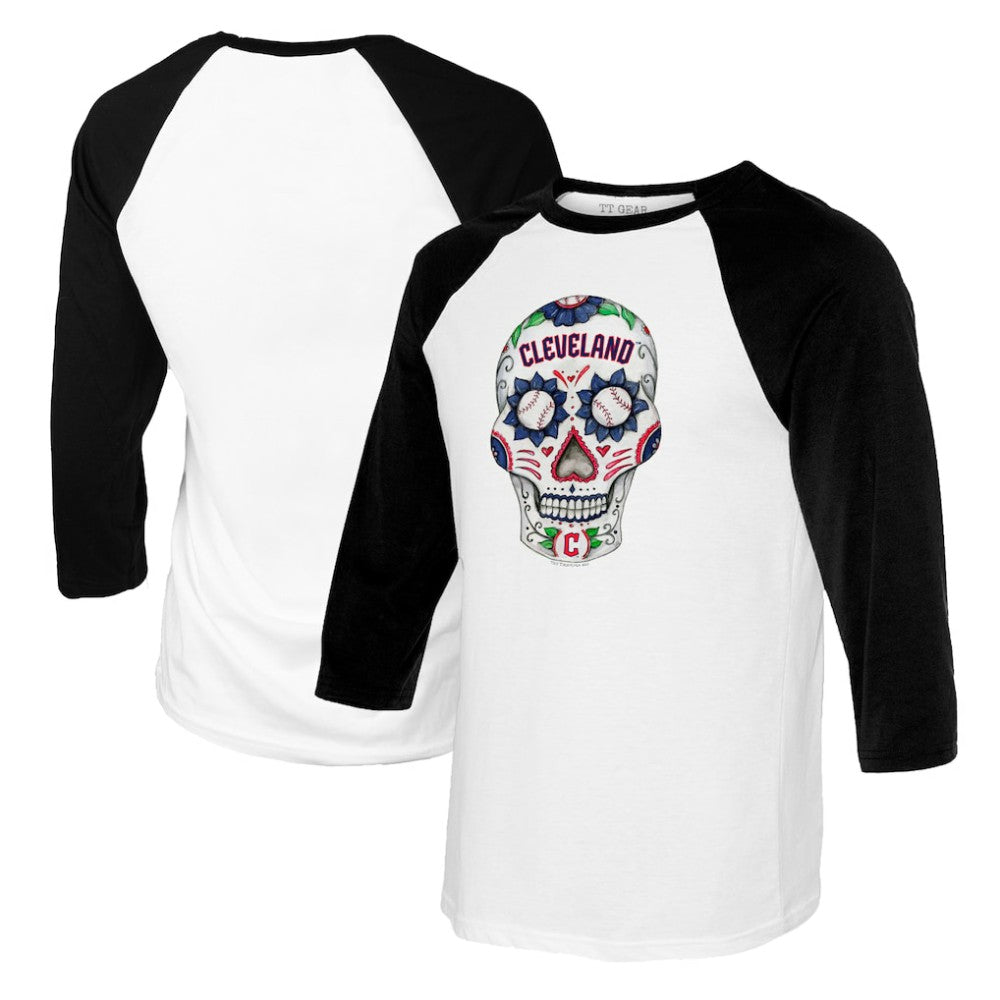 Cleveland Guardians Tiny Turnip Women's Sugar Skull 3/4-Sleeve Raglan T-Shirt - White/Black T-shirts