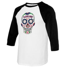 Cleveland Guardians Tiny Turnip Women's Sugar Skull 3/4-Sleeve Raglan T-Shirt - White/Black T-shirts