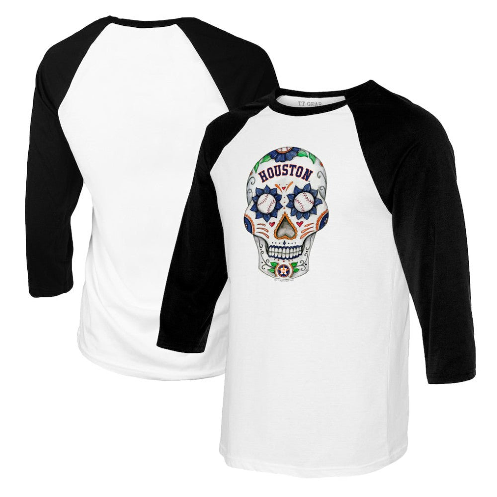 Houston Astros Tiny Turnip Women's Sugar Skull 3/4-Sleeve Raglan T-Shirt - White/Black T-shirts