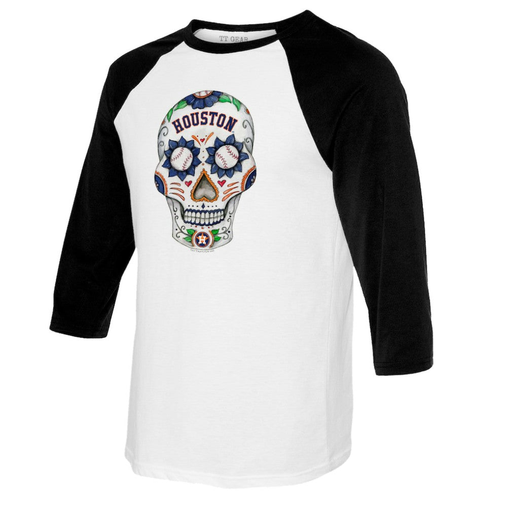 Houston Astros Tiny Turnip Women's Sugar Skull 3/4-Sleeve Raglan T-Shirt - White/Black T-shirts
