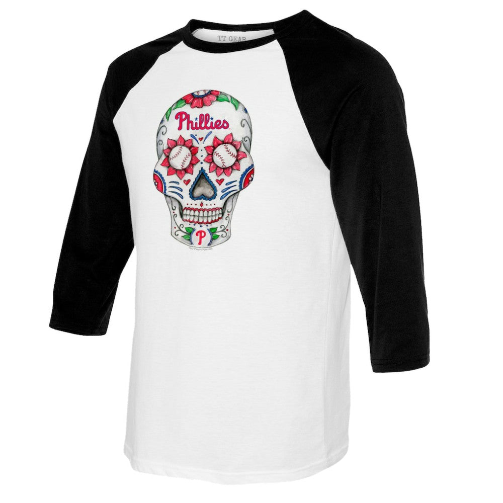 Philadelphia Phillies Tiny Turnip Women's Sugar Skull 3/4-Sleeve Raglan T-Shirt - White/Black T-shirts
