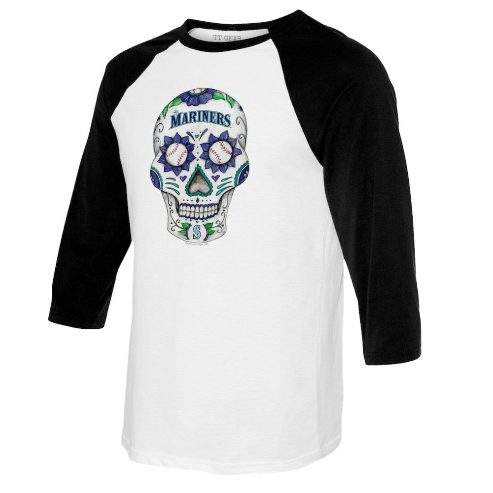 Seattle Mariners Tiny Turnip Women's Sugar Skull 3/4-Sleeve Raglan T-Shirt - White/Black T-shirts
