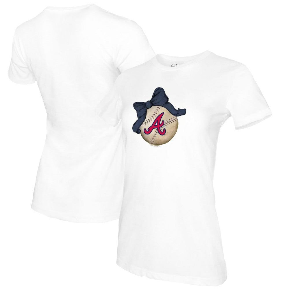 Atlanta Braves Tiny Turnip Women's Baseball Bow T-Shirt - White T-shirts