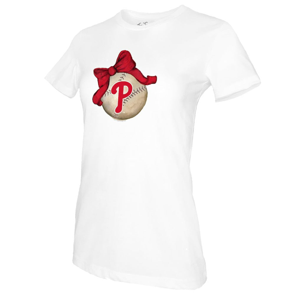 Philadelphia Phillies Tiny Turnip Women's Baseball Bow T-Shirt - White T-shirts