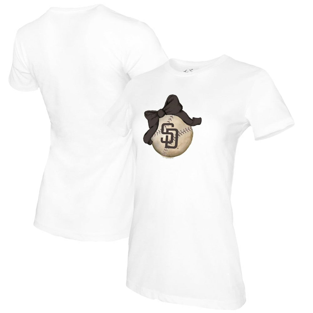 San Diego Padres Tiny Turnip Women's Baseball Bow T-Shirt - White T-shirts