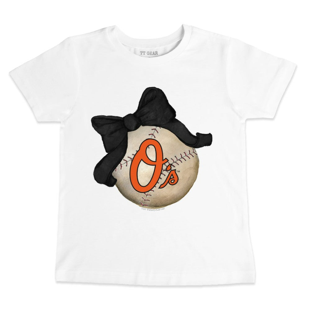 Baltimore Orioles Tiny Turnip Youth Baseball Bow T-Shirt - White T-shirts