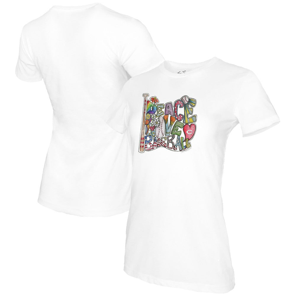Cincinnati Reds Tiny Turnip Women's Peace Love Baseball T-Shirt - White T-shirts