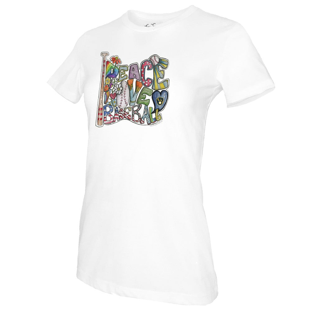 Milwaukee Brewers Tiny Turnip Women's Peace Love Baseball T-Shirt - White T-shirts