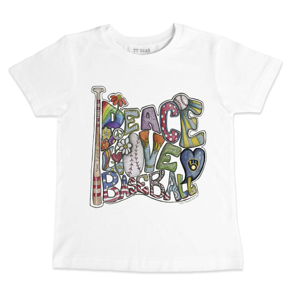 Milwaukee Brewers Tiny Turnip Youth Peace Love Baseball T-Shirt - White T-shirts
