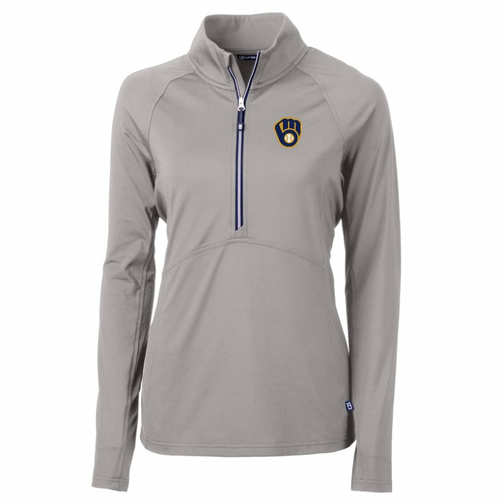 Milwaukee Brewers Cutter & Buck Women's Adapt Eco Knit Stretch Half-Zip Pullover Top - Gray Pullover