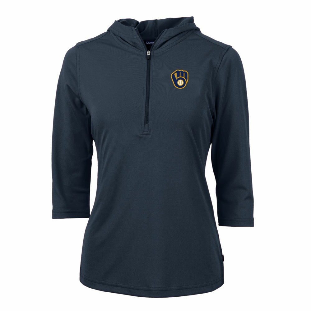 Milwaukee Brewers Cutter & Buck Women's Virtue Eco Pique 3/4 Sleeve Half-Zip Pullover Hoodie - Navy Hoodies
