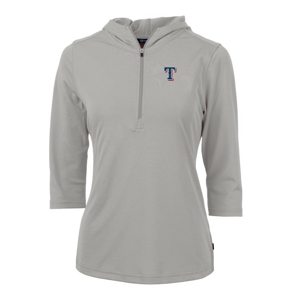 Texas Rangers Cutter & Buck Women's Virtue Eco Pique 3/4 Sleeve Half-Zip Pullover Hoodie - Gray Hoodies