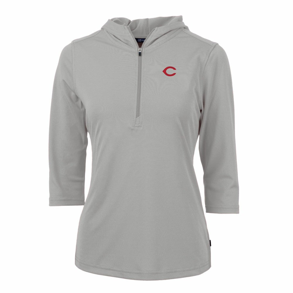 Cincinnati Reds Cutter & Buck Women's Virtue Eco Pique 3/4 Sleeve Half-Zip Pullover Hoodie - Gray Hoodies