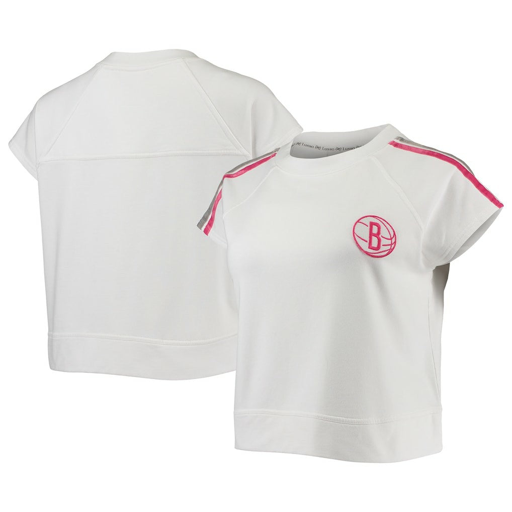Brooklyn Nets Lusso Women's Margot Cropped Tri-Blend Cap Sleeve Sweatshirt White
