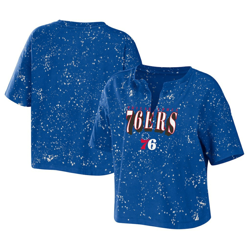 Philadelphia 76ers WEAR by Erin Andrews Women's Bleach Splatter Notch Neck T-Shirt Royal