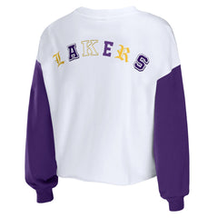 Los Angeles Lakers WEAR by Erin Andrews Women's Mixed Letter Cropped Pullover Sweatshirt Heather Gold