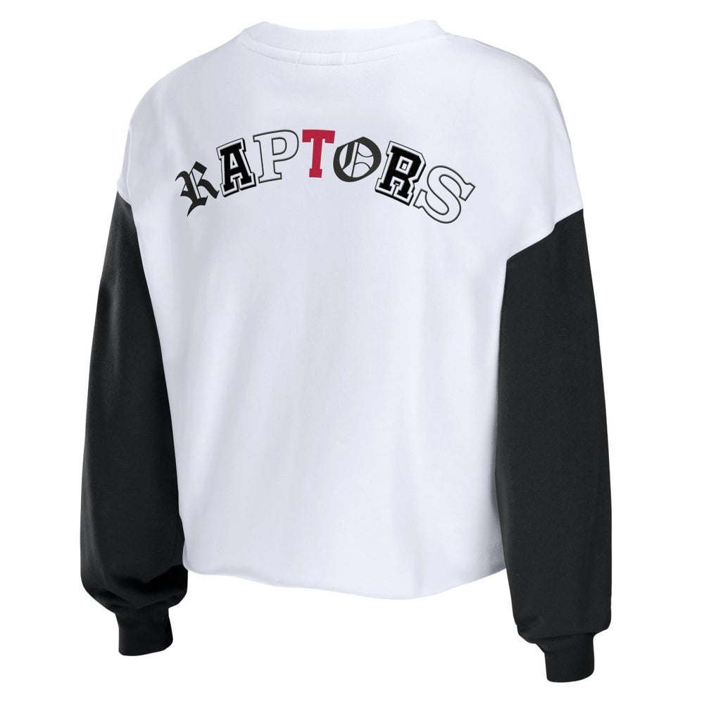 Toronto Raptors WEAR by Erin Andrews Women's Mixed Letter Cropped Pullover Sweatshirt Heather Red