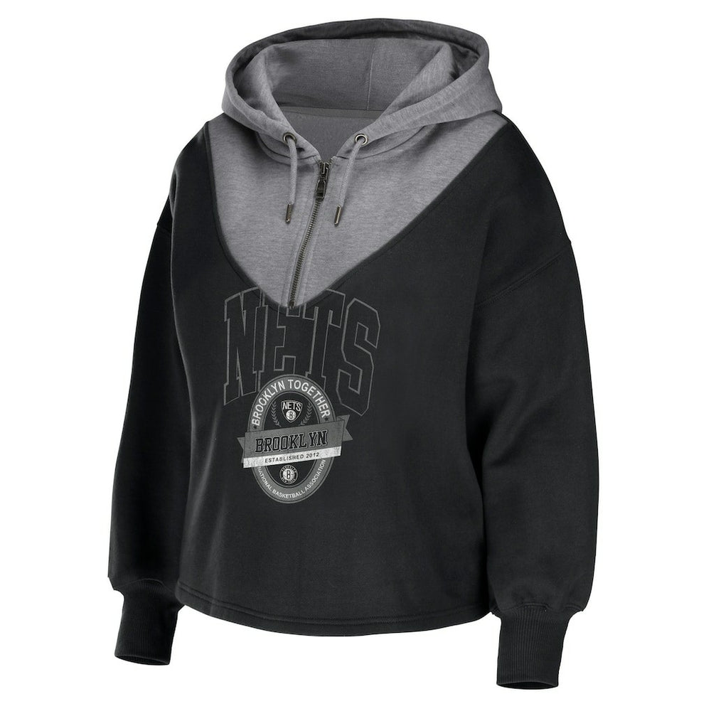 Brooklyn Nets WEAR by Erin Andrews Women's Pieced Quarter-Zip Hoodie Jacket Black
