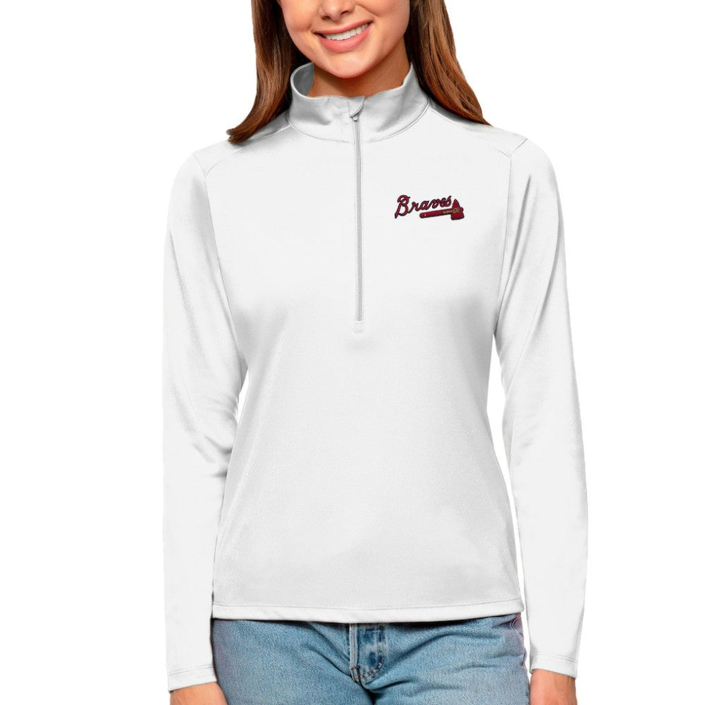 Atlanta Braves Antigua Women's Tribute Quarter-Zip Pullover Top - White Pullover