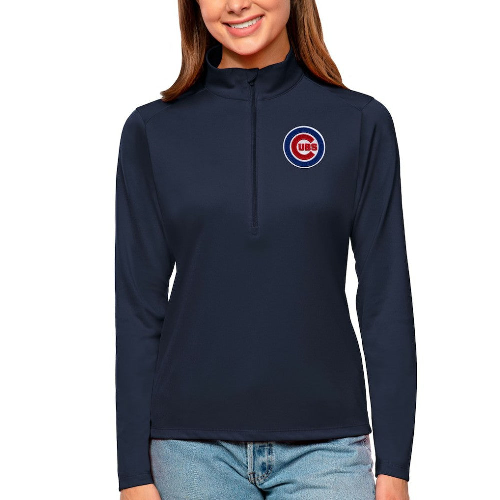 Chicago Cubs Antigua Women's Tribute Quarter-Zip Pullover Top - Navy Pullover