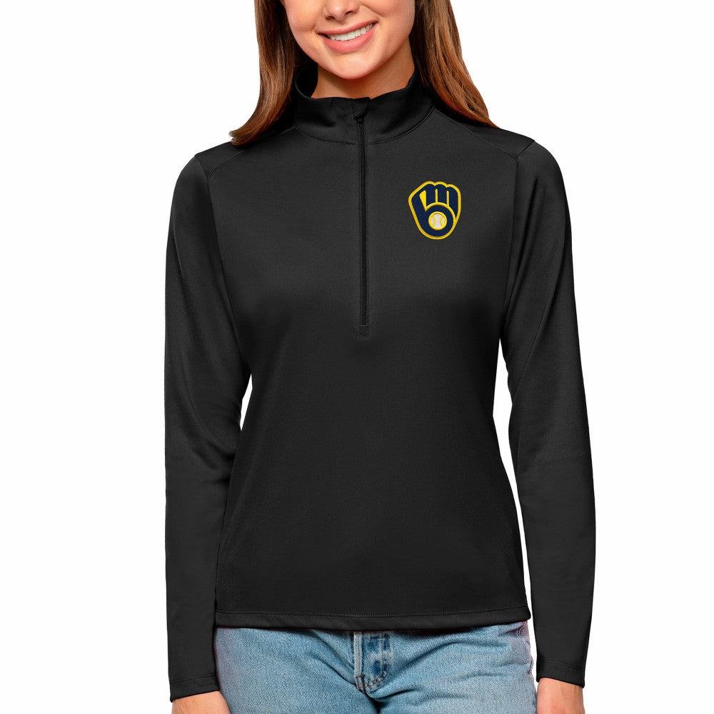 Milwaukee Brewers Antigua Women's Tribute Quarter-Zip Pullover Top - Black Pullover