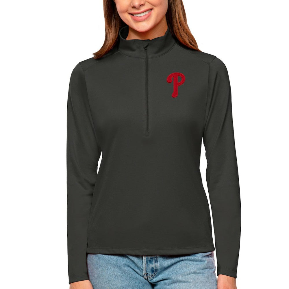 Philadelphia Phillies Antigua Women's Tribute Quarter-Zip Pullover Top - Charcoal Pullover