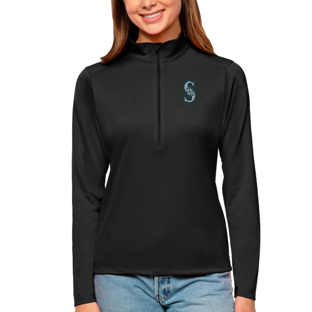 Seattle Mariners Antigua Women's Tribute Quarter-Zip Pullover Top - Black Pullover