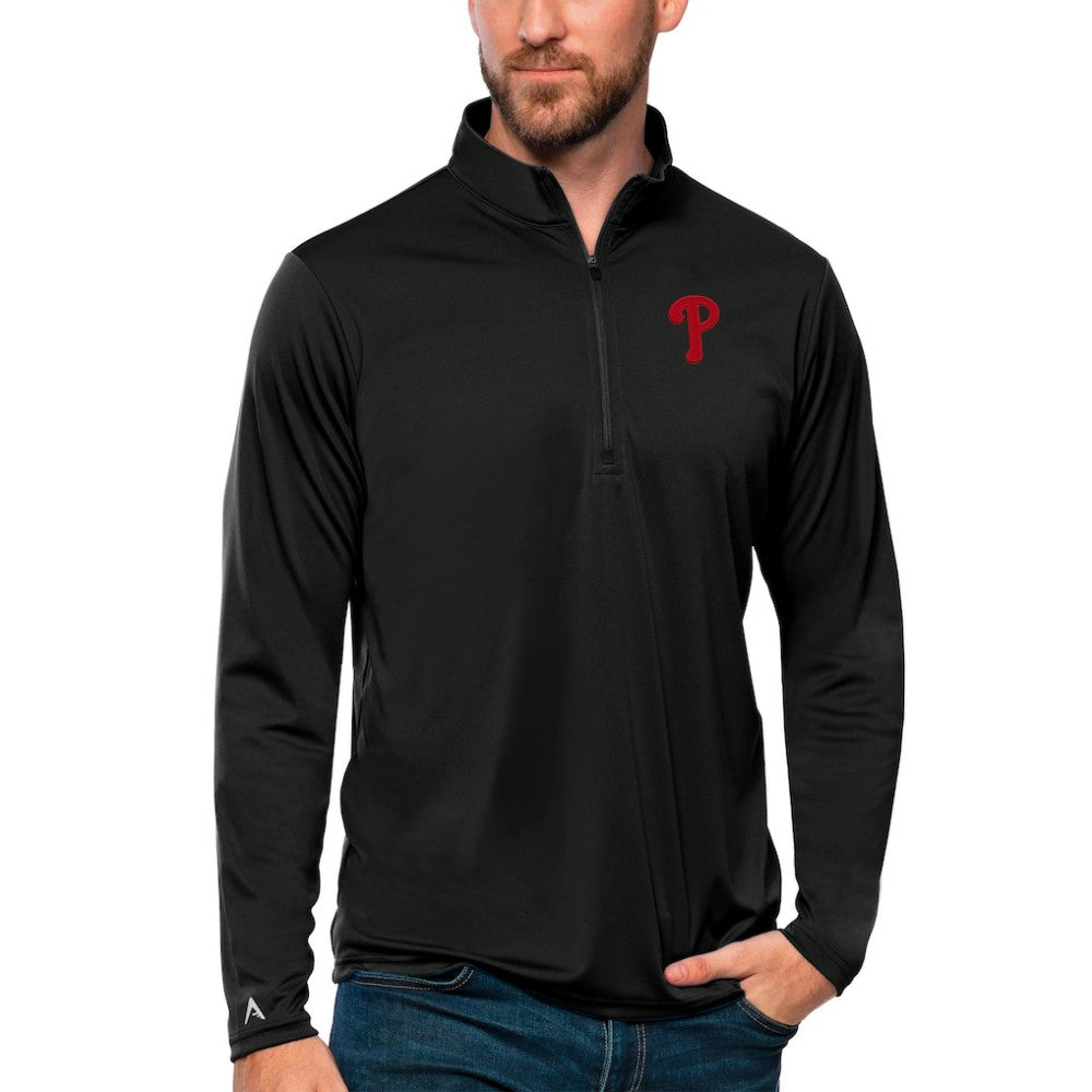 Philadelphia Phillies Antigua Tribute Quarter-Zip Pullover Top - Black Pullover