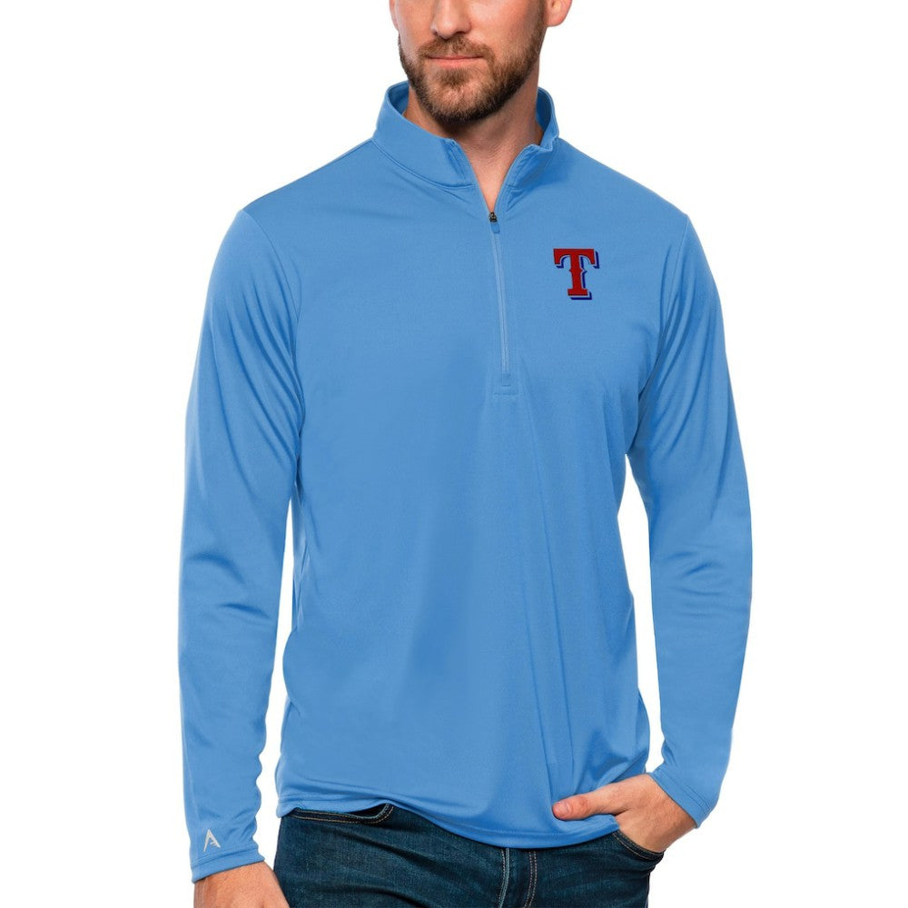 Texas Rangers Antigua Tribute Quarter-Zip Pullover Top - Powder Blue Pullover