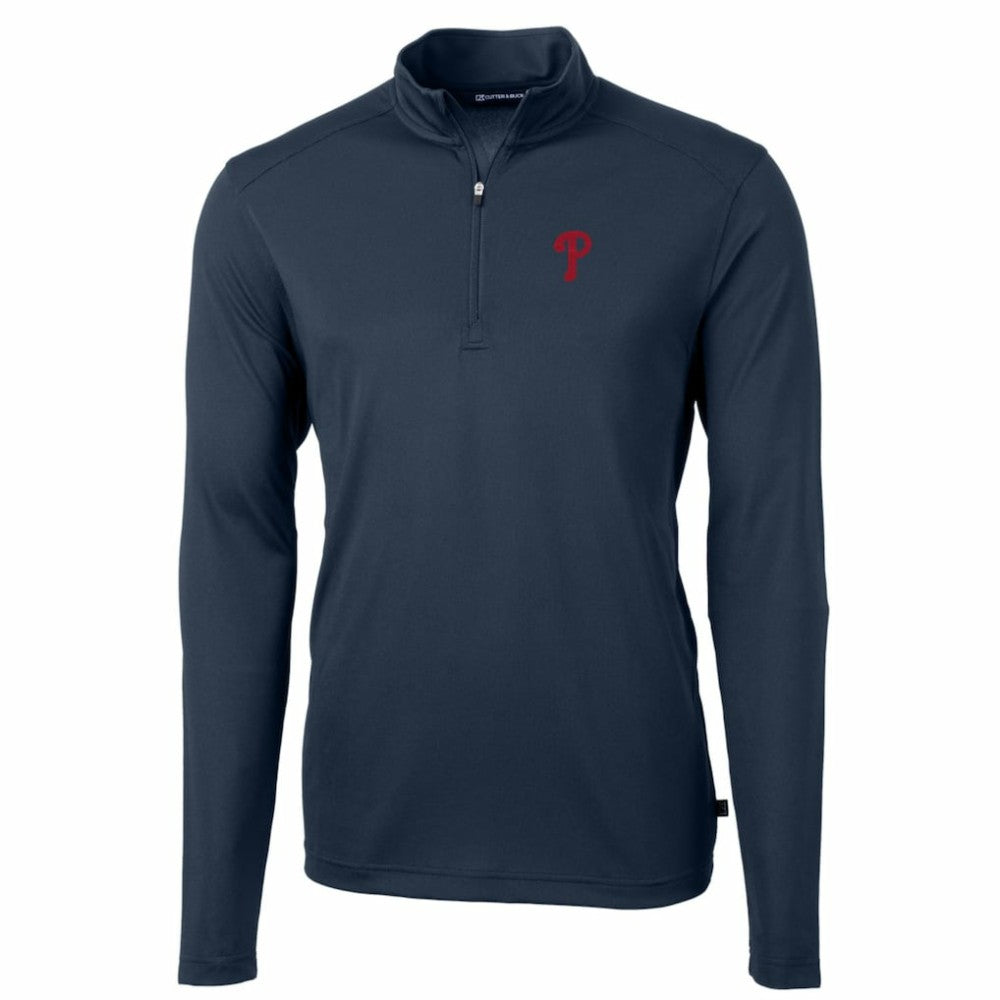 Philadelphia Phillies Cutter & Buck Big & Tall Virtue Eco Pique Quarter-Zip Pullover Jacket - Navy Jackets
