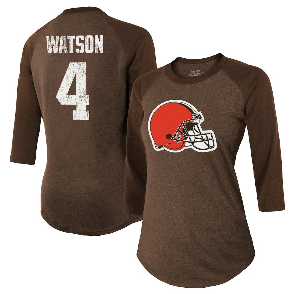 Deshaun Watson Cleveland Browns Majestic Threads Women's Name & Number Raglan 3/4 Sleeve T-Shirt Brown