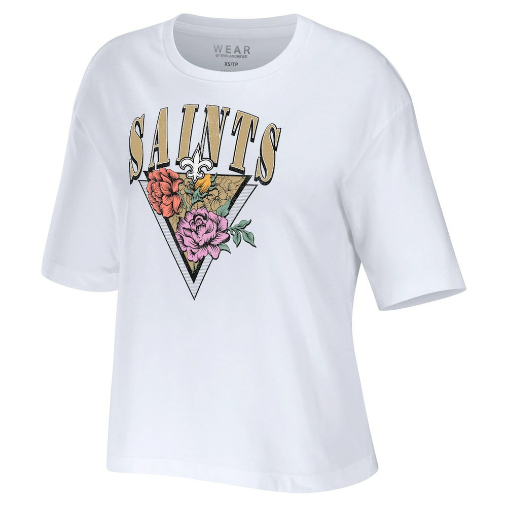 New Orleans Saints WEAR by Erin Andrews Women's Boxy Floral Cropped T-Shirt White