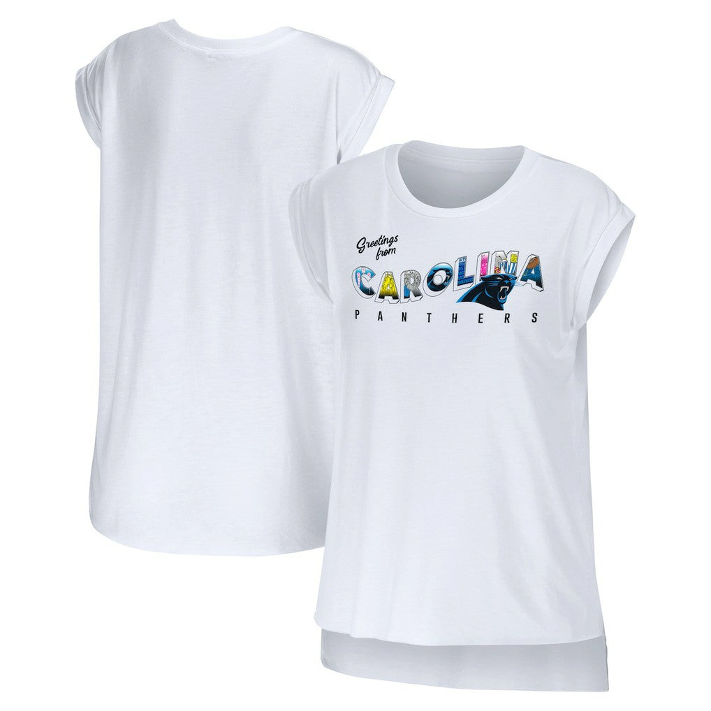 Carolina Panthers WEAR by Erin Andrews Women's Greetings From Muscle T-Shirt White