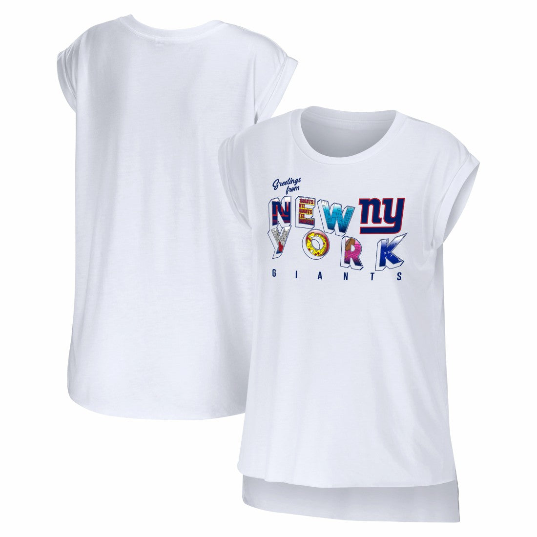 New York Giants WEAR by Erin Andrews Women's Greetings From Muscle T-Shirt White
