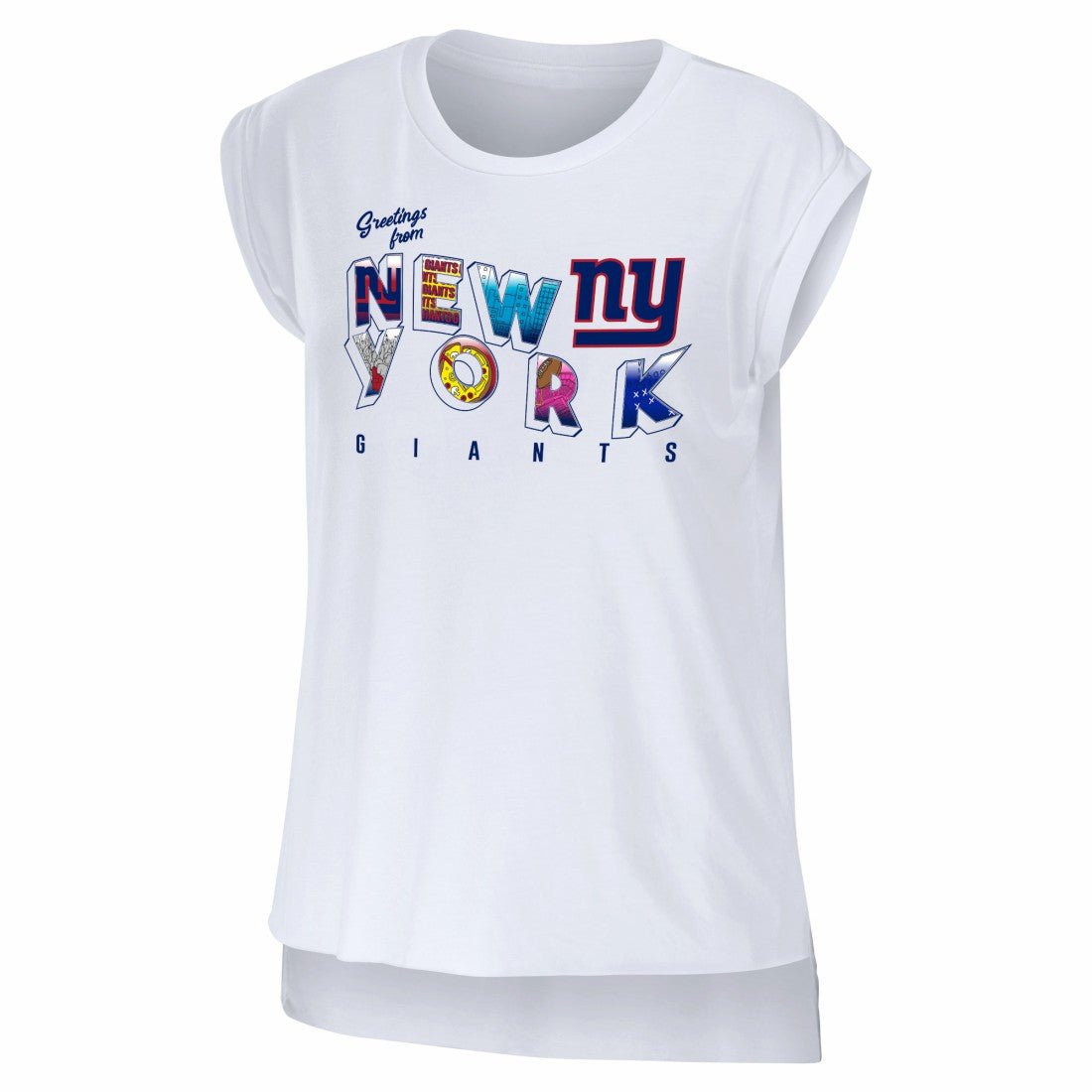 New York Giants WEAR by Erin Andrews Women's Greetings From Muscle T-Shirt White