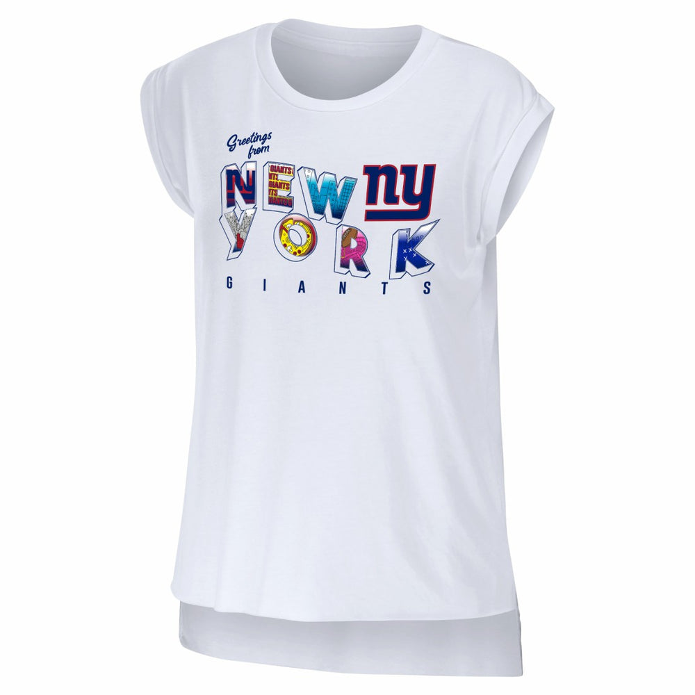New York Giants WEAR by Erin Andrews Women's Greetings From Muscle T-Shirt White