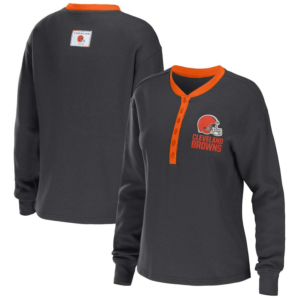 Cleveland Browns WEAR by Erin Andrews Women's Waffle Henley Long Sleeve T-Shirt Charcoal