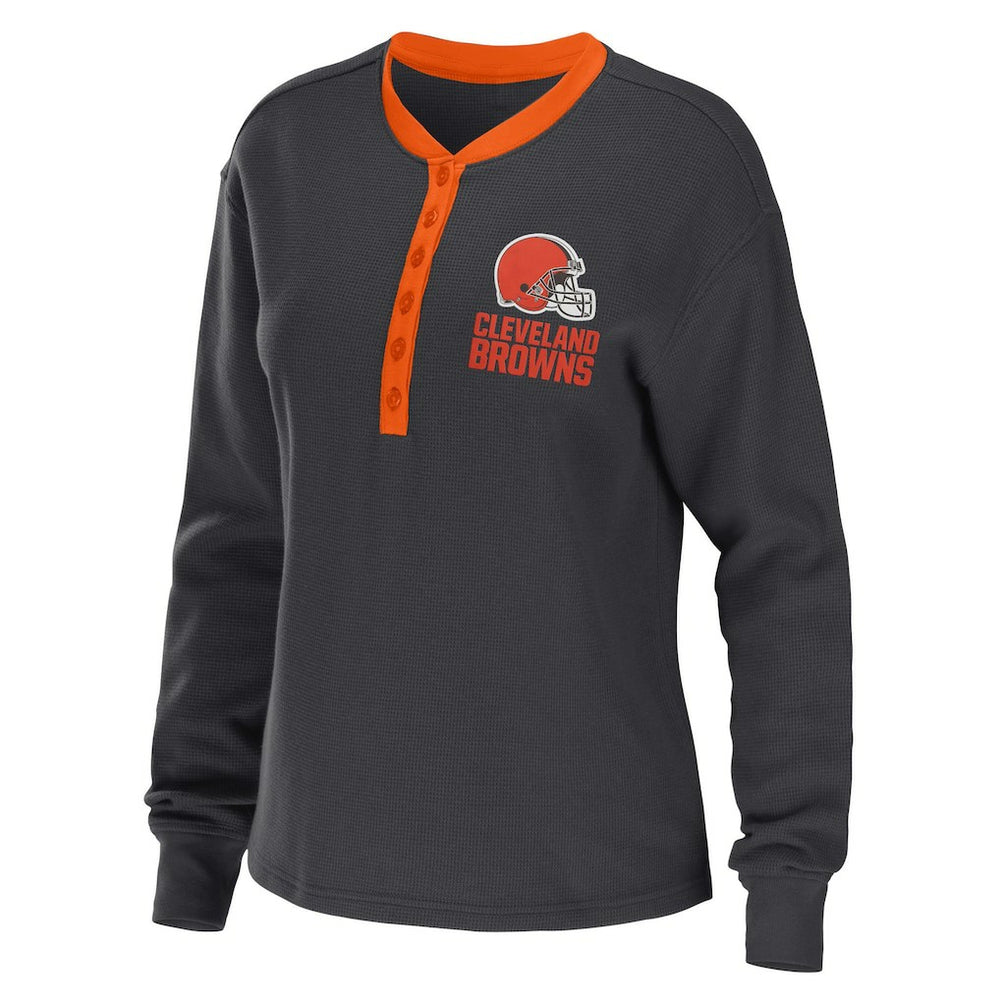 Cleveland Browns WEAR by Erin Andrews Women's Waffle Henley Long Sleeve T-Shirt Charcoal