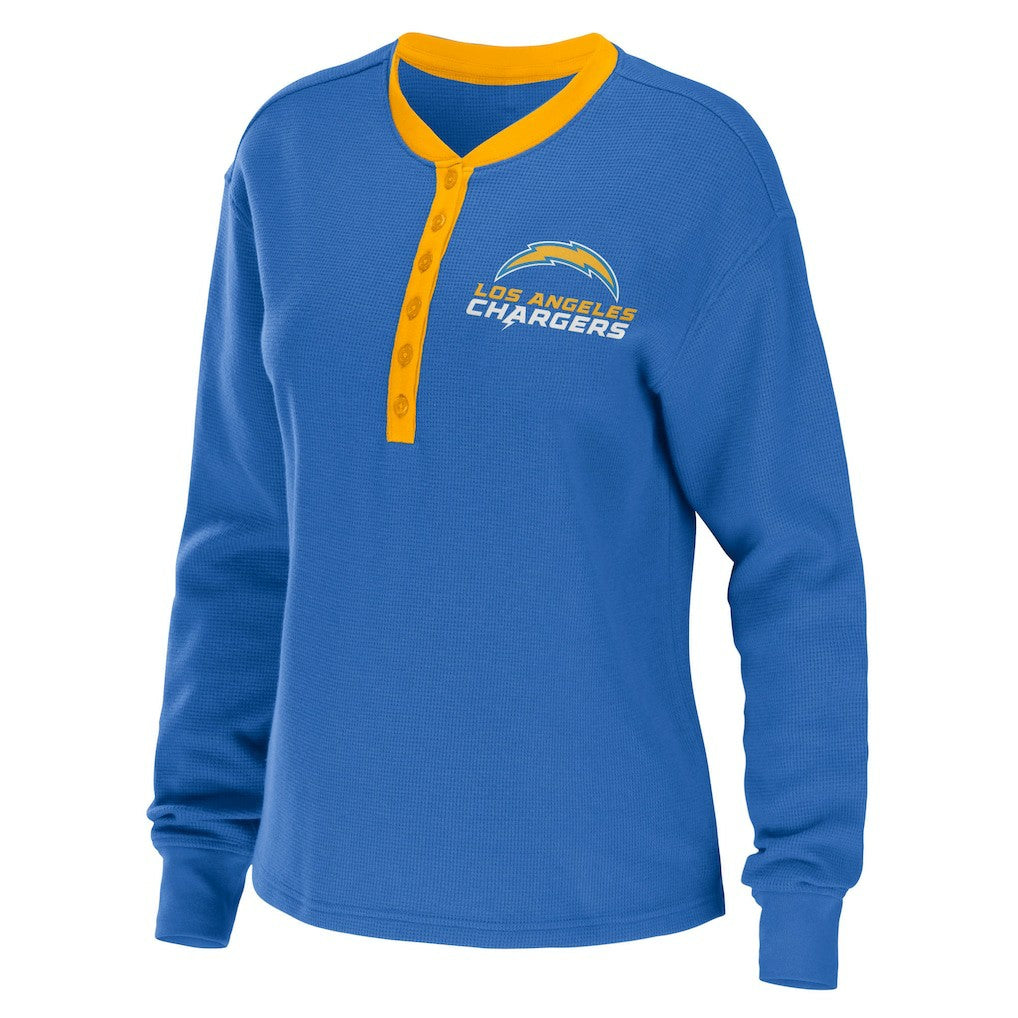 Los Angeles Chargers WEAR by Erin Andrews Women's Waffle Henley Long Sleeve T-Shirt Powder Blue