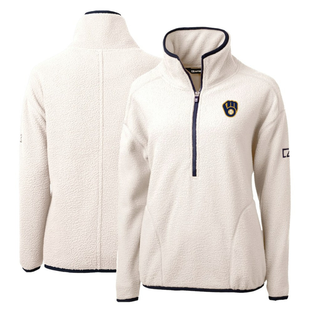 Milwaukee Brewers Cutter & Buck Women's Cascade Eco Sherpa Fleece Quarter-Zip Pullover Jacket - White/Navy Jackets