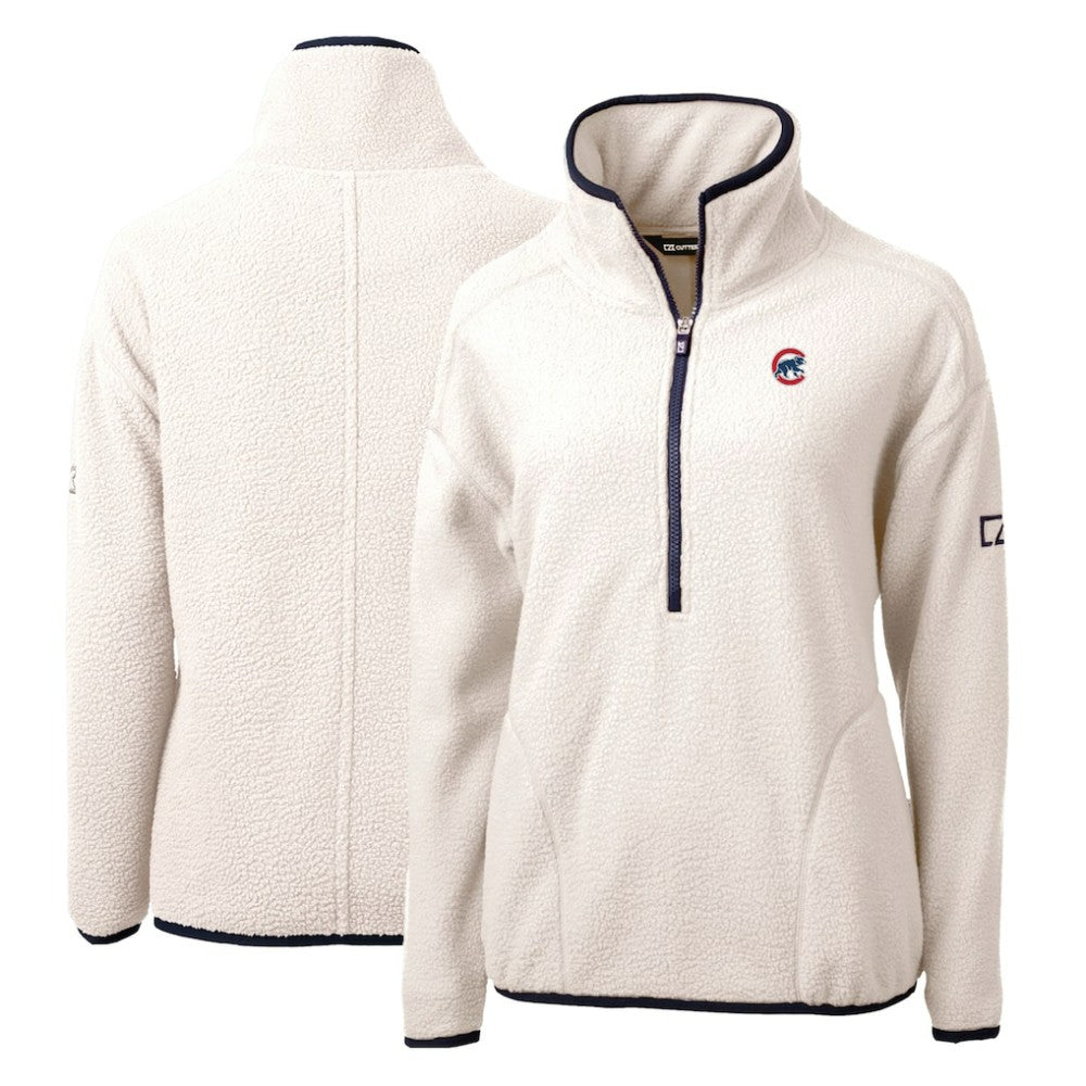 Chicago Cubs Cutter & Buck Women's Cascade Eco Sherpa Fleece Quarter-Zip Pullover Jacket - White/Navy Jackets