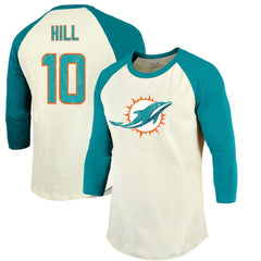 Tyreek Hill Miami Dolphins Majestic Threads Vintage Player Name & Number Raglan 3/4-Sleeve T-Shirt Cream/Aqua