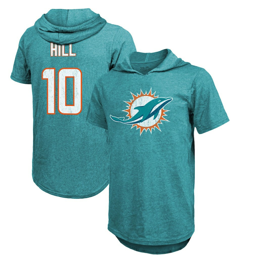 Tyreek Hill Miami Dolphins Majestic Threads Player Name & Number Short Sleeve Hoodie T-Shirt Aqua