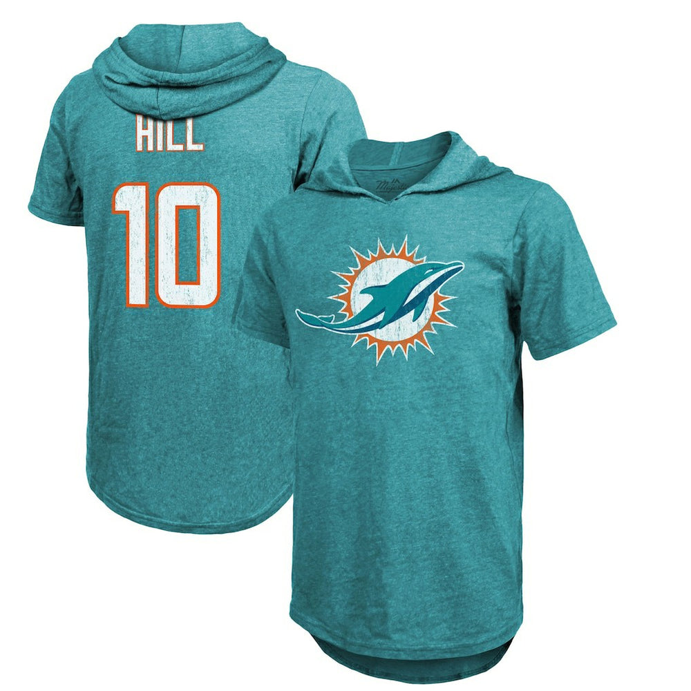 Tyreek Hill Miami Dolphins Majestic Threads Player Name & Number Short Sleeve Hoodie T-Shirt Aqua
