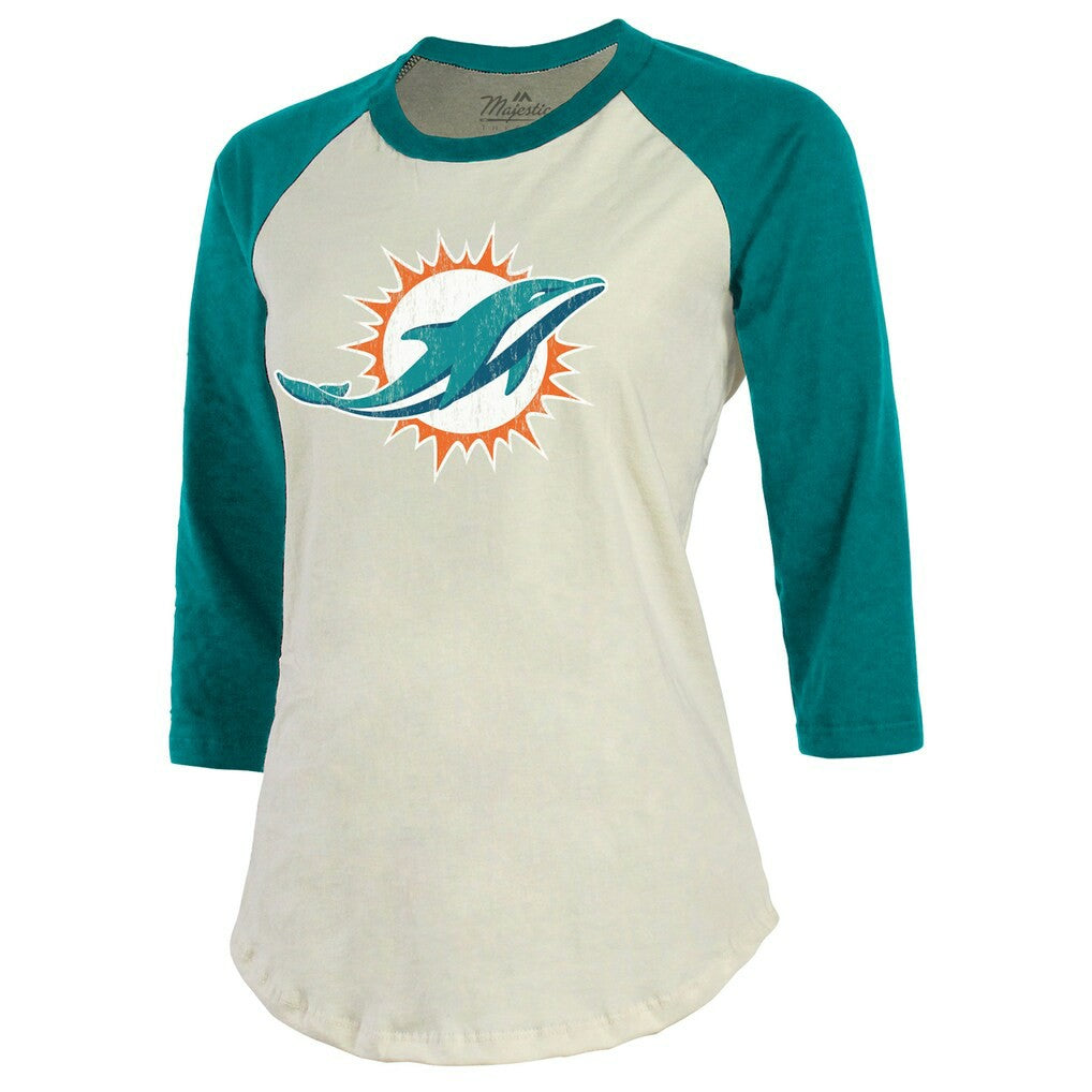 Tyreek Hill Miami Dolphins Majestic Threads Vintage Player Name & Number Raglan 3/4-Sleeve T-Shirt Cream/Aqua